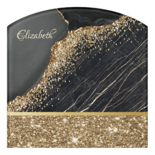 Stylish Gold Glitter Sequins Black Marble Door Sign