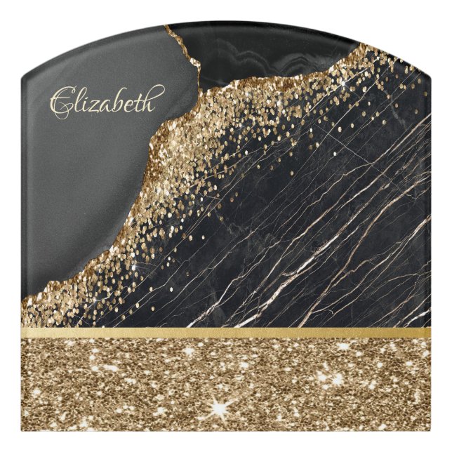 Stylish Gold Glitter Sequins Black Marble Door Sign (Contour Front)