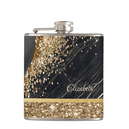 Stylish Gold Glitter Sequins Black Marble  Flask