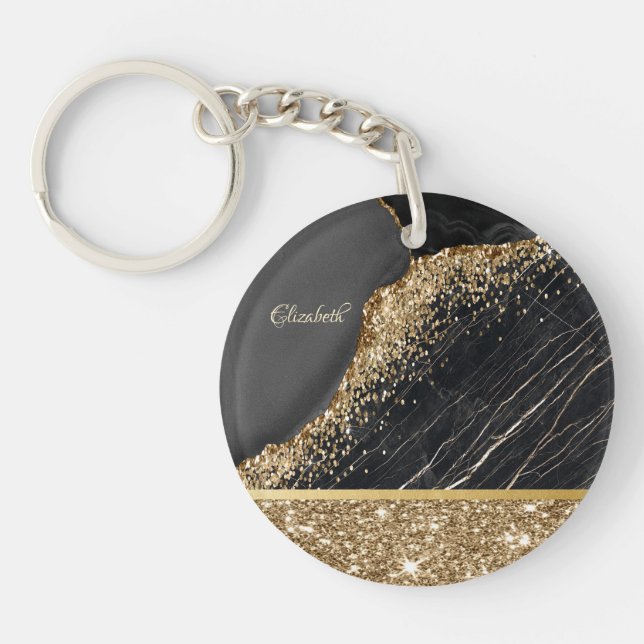 Stylish Gold Glitter Sequins Black Marble Keychain (Front)