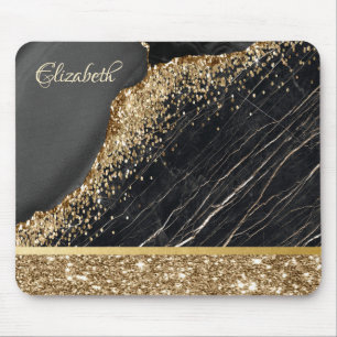 Stylish Gold Glitter Sequins Black Marble Mouse Pad