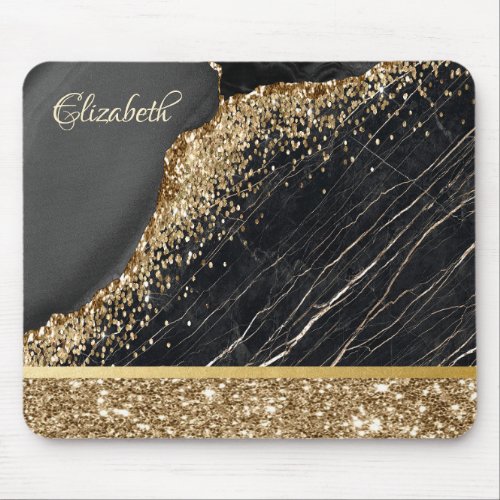 Stylish Gold Glitter Sequins Black Marble Mouse Pad