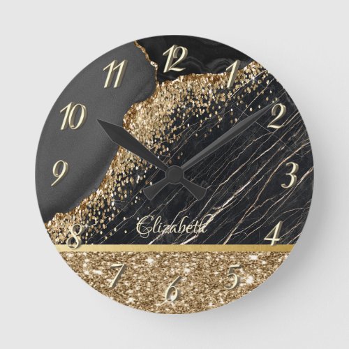 Stylish Gold Glitter Sequins Black Marble  Round Clock