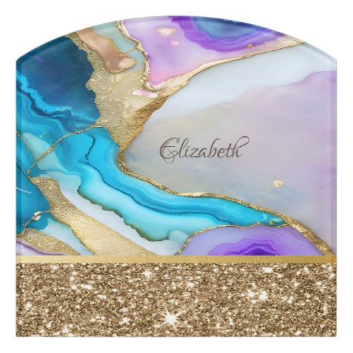 Stylish Gold Glitter Violet Blue Marble Door Sign