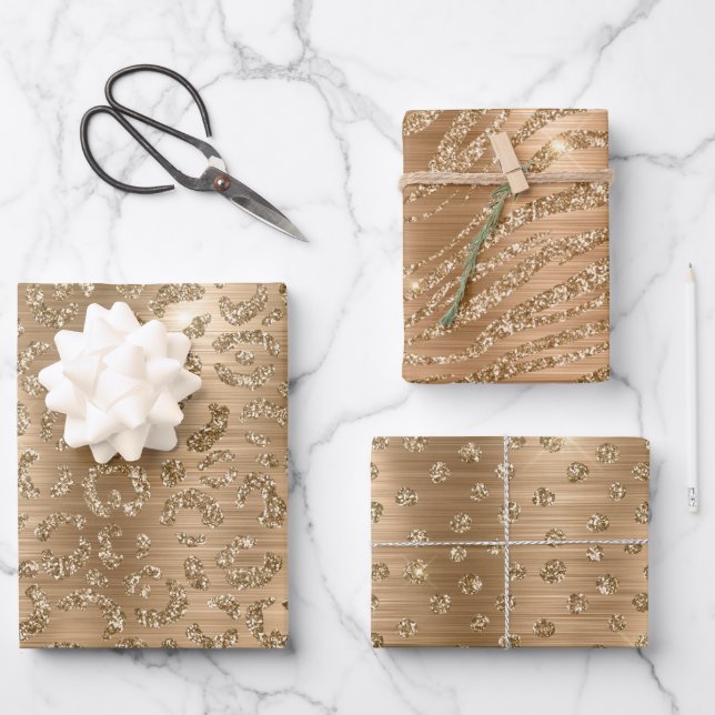 Stylish Gold Glitter Wild Big Cat Animal Patterns Wrapping Paper Sheets (Front)