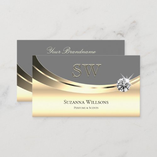 Stylish Gold Gray with Monogram and Diamond Modern Business Card