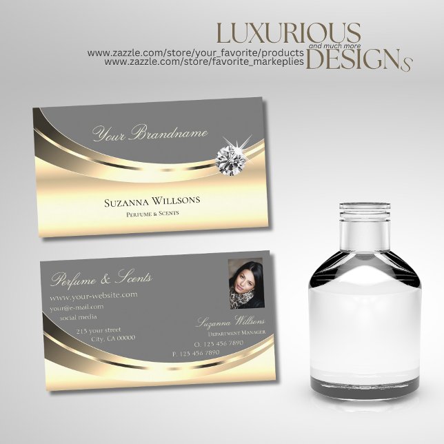 Stylish Gold Gray with Photo and Sparkly Diamond Business Card (Creator Uploaded)