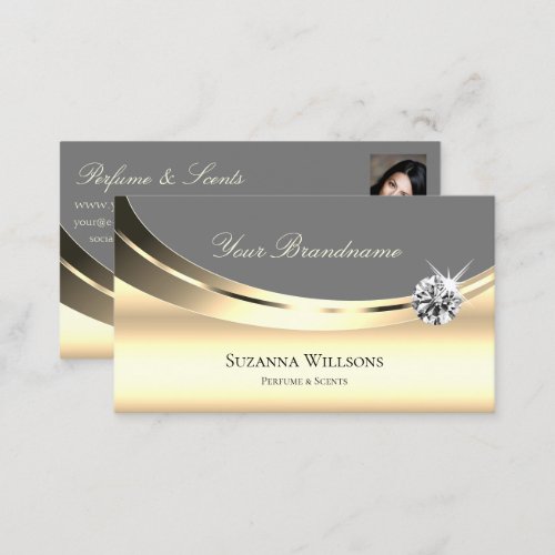 Stylish Gold Gray with Photo and Sparkly Diamond Business Card