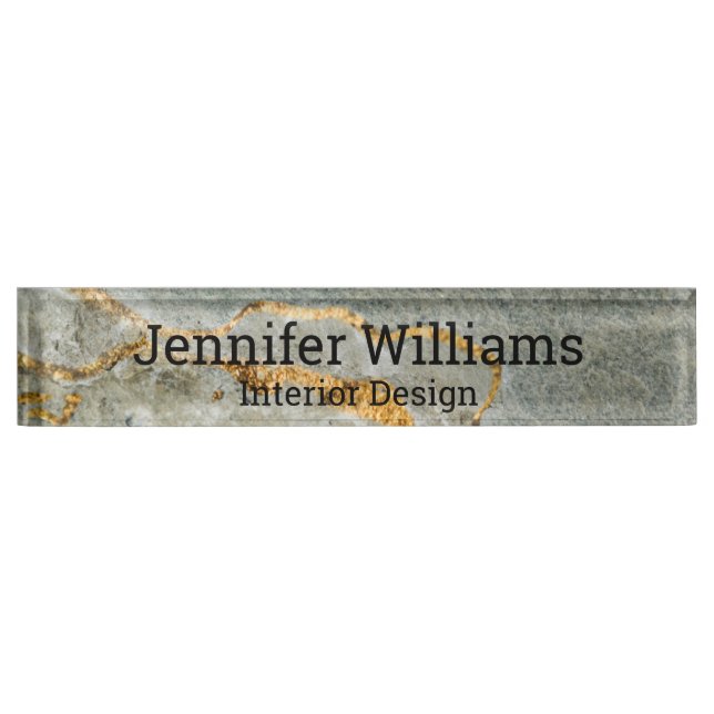 stylish gold grey marble classic script desk name plate (Front)