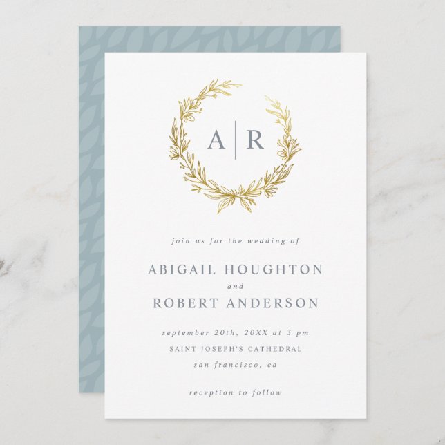 Stylish Gold Hand-drawn Wreath Initials Wedding Invitation (Front/Back)