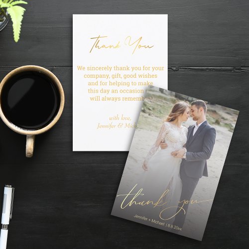 stylish gold handwritten wedding day photo  thank you card