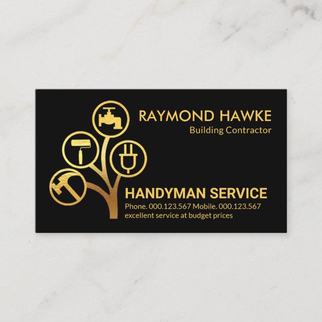 Stylish Gold Handyman Tools Tree Business Card (Front)