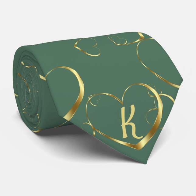 Stylish Gold Heart Monogram Green Valentine Love Neck Tie (Rolled)