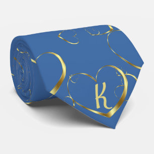 Stylish Gold Heart Monogram Valentine Love Blue Neck Tie