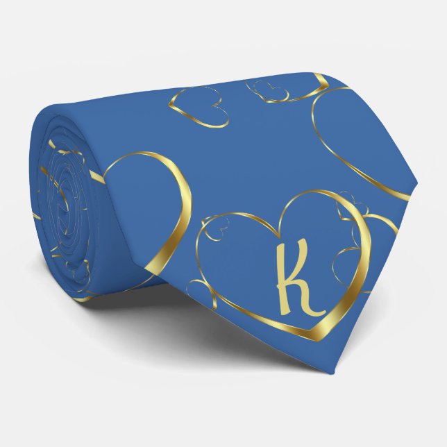 Stylish Gold Heart Monogram Valentine Love Blue Neck Tie (Rolled)