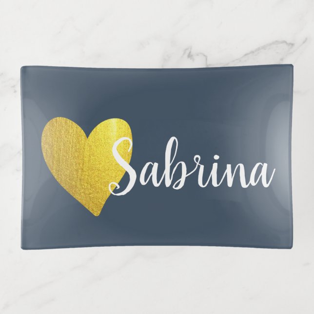 Stylish Gold Heart Navy Blue Personalized Script Trinket Tray (Front)