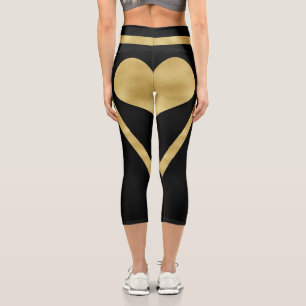 Stylish Gold Heart Stripes On Black Capri Leggings