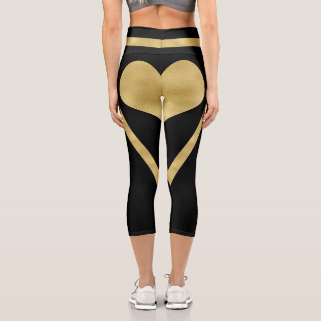 Stylish Gold Heart Stripes On Black Capri Leggings (Back)
