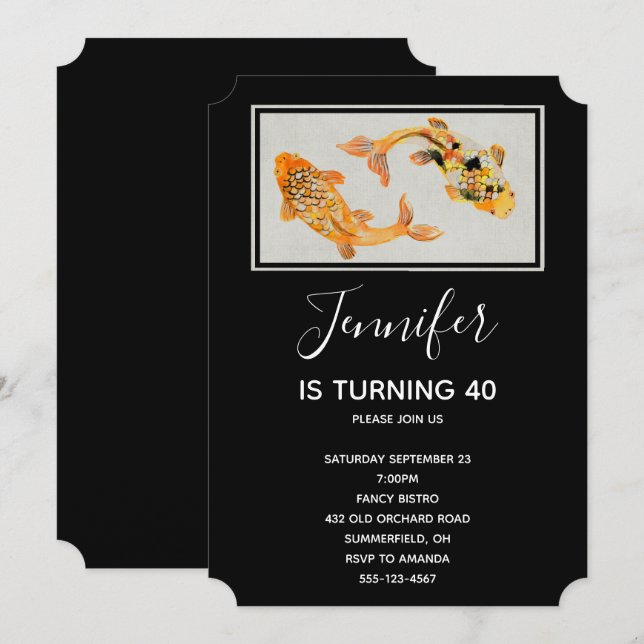 Stylish Gold Koi Fish Birthday Invitation (Front/Back)