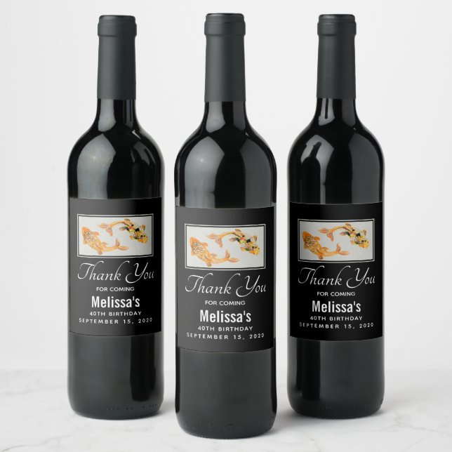 Stylish Gold Koi Fish Thank You Wine Label (Bottles)