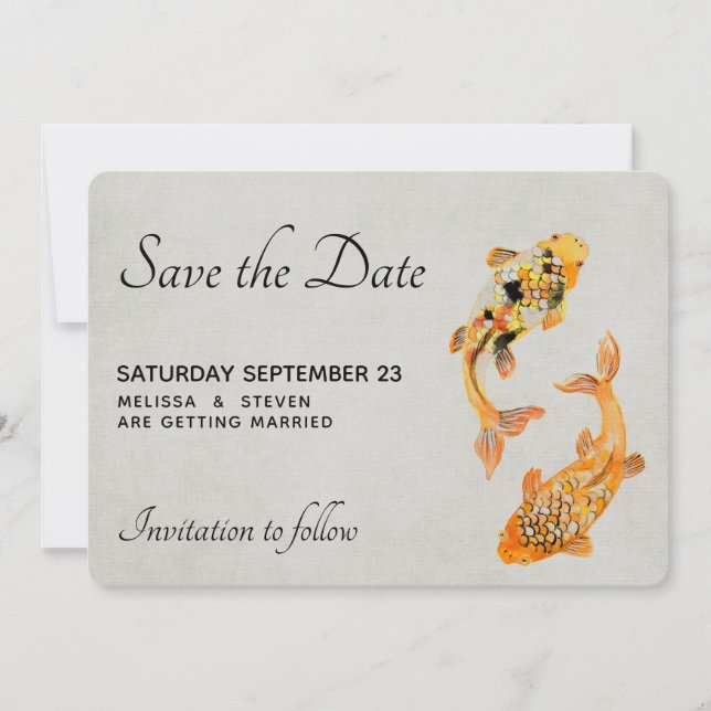 Stylish Gold Koi Fish  Wedding Save The Date (Front)