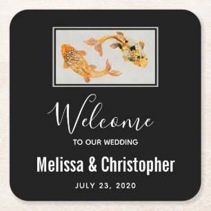 Stylish Gold Koi Fish Wedding Square Paper Coaster