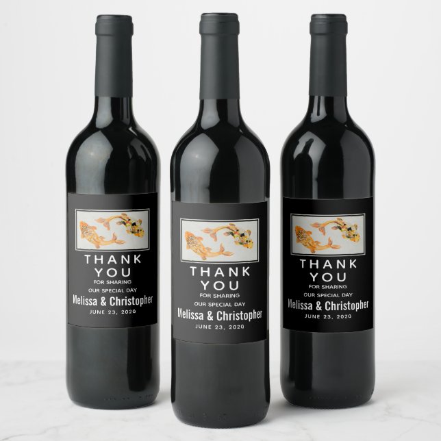 Stylish Gold Koi Fish Wedding Thank You Wine Label (Bottles)