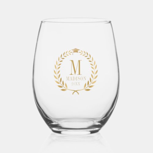 Stylish Gold Laurel  Cap Graduation Stemless Wine Glass