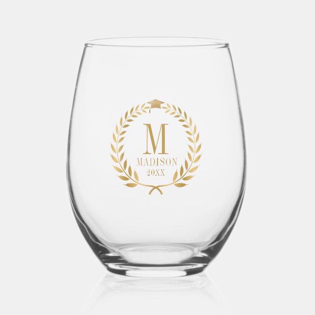 Stylish Gold Laurel & Cap Graduation Stemless Wine Glass (Front)