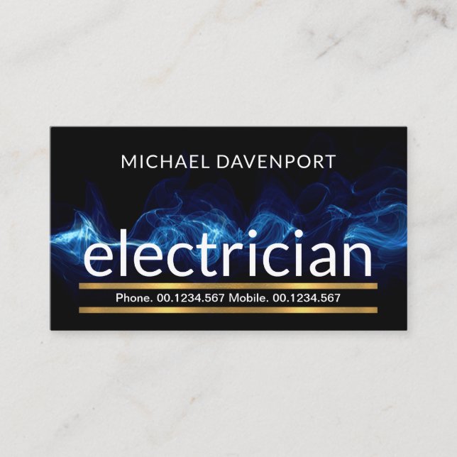 Stylish Gold Line Electric Blue Lightning Business Card (Front)