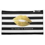 Stylish Gold Lips Girly Classic Black White Stripe Cosmetic Bag at Zazzle