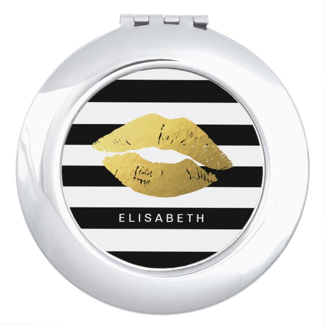 Stylish Gold Lips with Classic Black White Stripes Mirror For Makeup (Front)