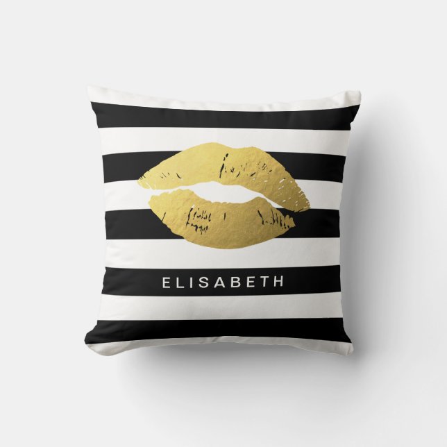 Stylish Gold Lips with Classic Black White Stripes Throw Pillow (Front)
