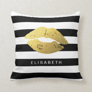 Stylish Gold Lips with Classic Black White Stripes Throw Pillow