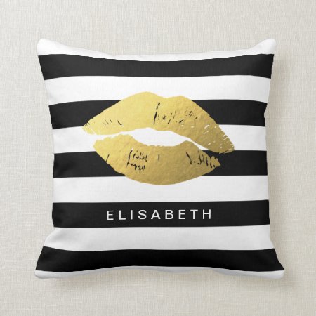 Stylish Gold Lips With Classic Black White Stripes Throw Pillow