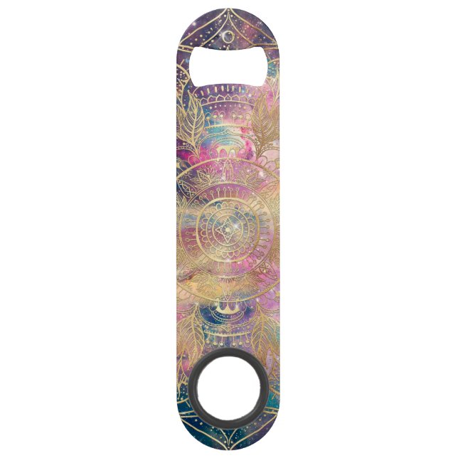 Stylish Gold Mandala Colorful Watercolor Nebula  Bar Key (Front)