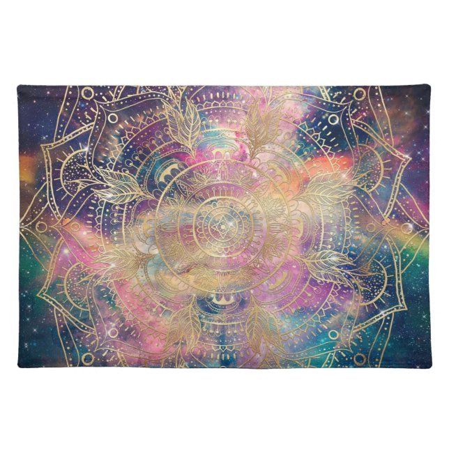 Stylish Gold Mandala Colorful Watercolor Nebula  Cloth Placemat (Front)