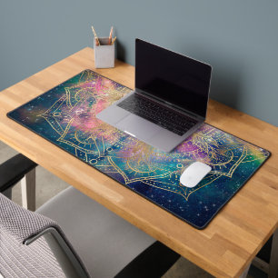 Stylish Gold Mandala Colorful Watercolor Nebula Desk Mat