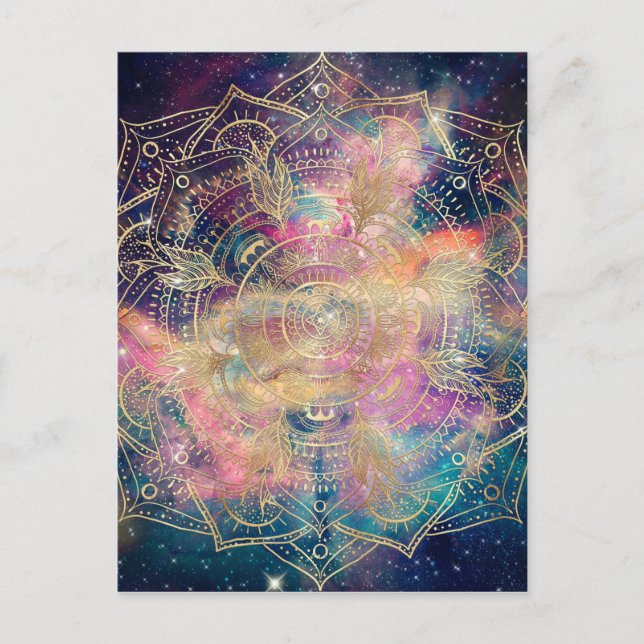 Stylish Gold Mandala Colorful Watercolor Nebula  Holiday Postcard (Front)