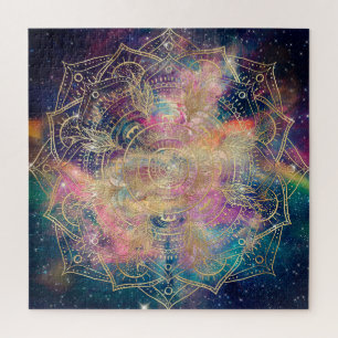Stylish Gold Mandala Colorful Watercolor Nebula Jigsaw Puzzle