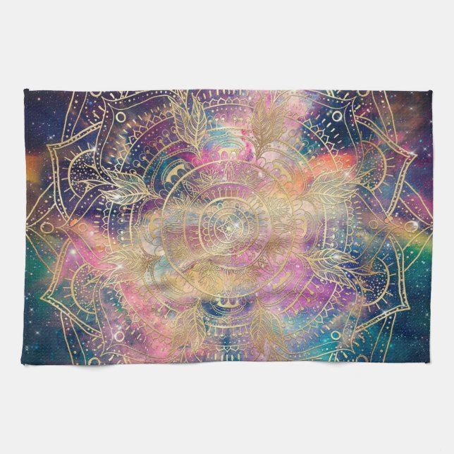 Stylish Gold Mandala Colorful Watercolor Nebula  Kitchen Towel (Horizontal)
