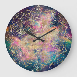 Stylish Gold Mandala Colorful Watercolor Nebula  Large Clock
