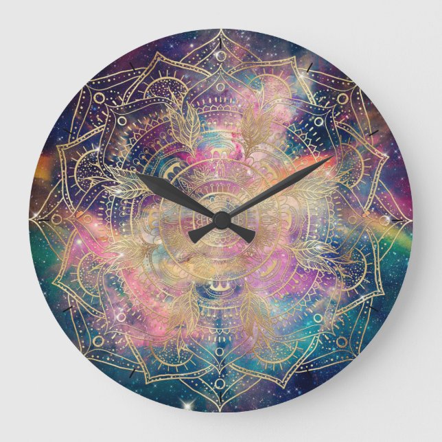 Stylish Gold Mandala Colorful Watercolor Nebula  Large Clock (Front)