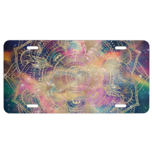 Stylish Gold Mandala Colorful Watercolor Nebula License Plate