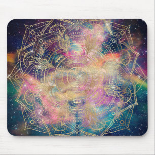 Stylish Gold Mandala Colorful Watercolor Nebula Mouse Pad