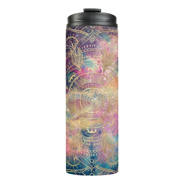 Stylish Gold Mandala Colorful Watercolor Nebula  Thermal Tumbler (Front)