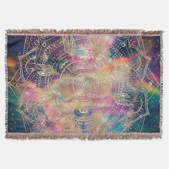 Stylish Gold Mandala Colorful Watercolor Nebula  Throw Blanket (Front)
