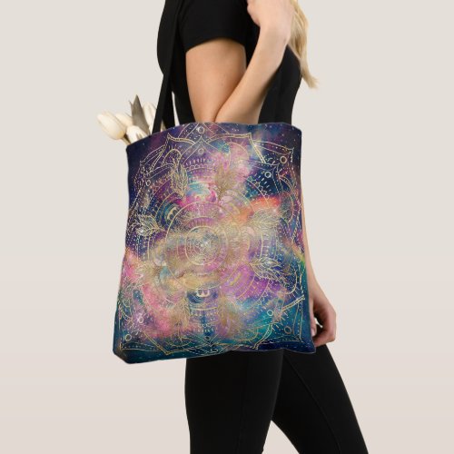 Stylish Gold Mandala Colorful Watercolor Nebula  Tote Bag