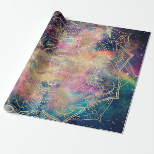 Stylish Gold Mandala Colorful Watercolor Nebula  Wrapping Paper