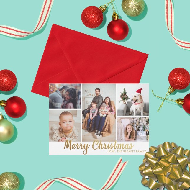 Stylish Gold Merry Christmas 5 Photo Collage Holiday Card (Creator Uploaded)